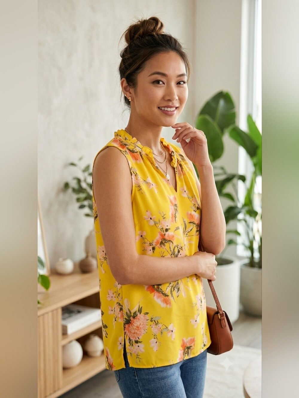 Rose + Olive Yellow Floral Ruffle V-Neck Sleeveless Blouse Tank Top, Large